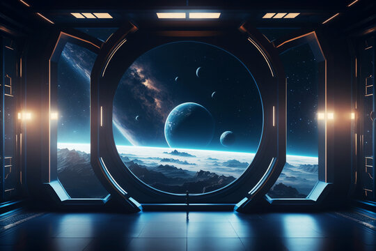 Dark blue spaceship interior with window view of space and planets. Ai generated.