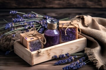 lavender spa products with dried lavender flowers on wooden table. Generative AI