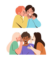 Set of children characters whispering secrets each other on ears isolated on white background