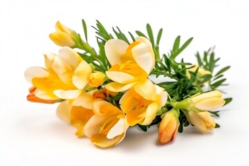 Freesia flower bouquet with leaves isolated on white. Generative AI