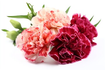Bouquet of carnation flowers with leaves, isolated on white background. Generative AI