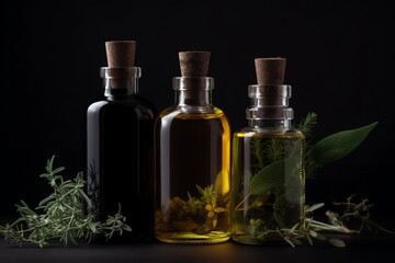 Obraz na płótnie Canvas Three bottles of cosmetics with essential oil and herbs on dark background. Generative AI