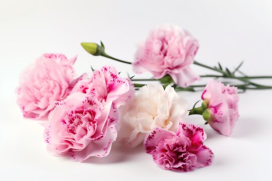 Pink carnation flowers on white background. Generative AI
