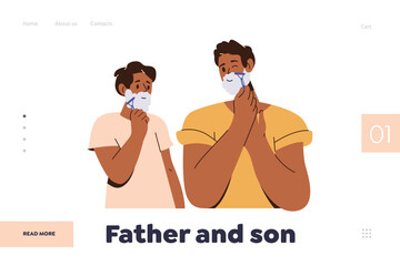 Father and son relationship landing page design template with dad teaching teen boy shaving face