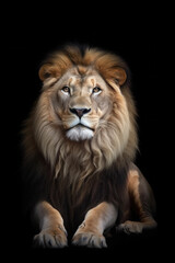 Plakat portrait of a resting majestic mal lion looking straight into the camera against a black background, copyspace, generative AI 