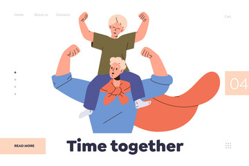 Time together landing page design template with happy father and son playing game having fun