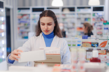 Young pharmacist checking medicine stock in pharmacy.