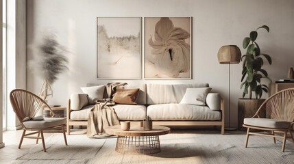 Chic Living Room Interior with Mockup Frame Poster, Modern interior design, 3D render, 3D illustration
