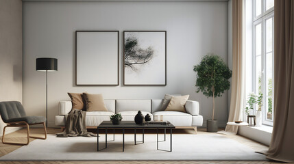 Obraz na płótnie Canvas Chic Living Room Interior with Mockup Frame Poster, Modern interior design, 3D render, 3D illustration