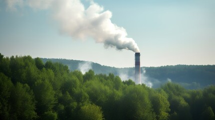 An illustration depicting the impact of CO2 emissions on nature, with a factory chimney releasing smoke that blends into the lush green forest. Generative AI