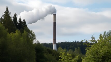 Fototapeta na wymiar An illustration depicting the impact of CO2 emissions on nature, with a factory chimney releasing smoke that blends into the lush green forest. Generative AI