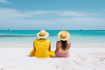 Fototapeta na wymiar Happy carefree couple relaxing sitting in sand enjoying tropical beach destination. Perfect paradise summer vacation happiness. Back view. Ai generative