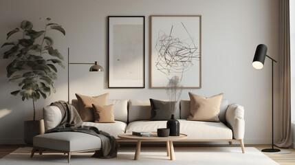 Chic Living Room Interior with Frame Poster, Modern interior design, 3D render, 3D illustration