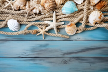 summer background with shells, starfish and capes on a blue background. Copy space. Ai generative