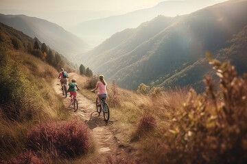 Fototapeta premium Family riding on bicycles through the mountain in countryside during sunset, woodland, summer activity outdoors together, AI Generative.