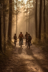 Family riding on bicycles through the forest during sunset, woodland, summer activity outdoors together, AI Generative.