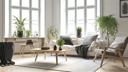 Minimalist Living Room Interior, Modern interior design, 3D render, 3D illustration