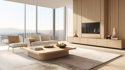 Minimalist Living Room Interior, Modern interior design, 3D render, 3D illustration