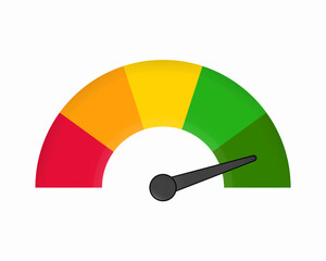 Speedometer icon. 3D meter with arrow for dashboard with green, yellow, red indicators. Gauge of tachometer. Low, medium, high and risk levels. Scale score of speed, performance and rating. 