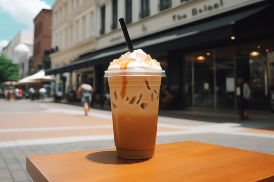 Sweet iced caramel latte in city center. Generative AI