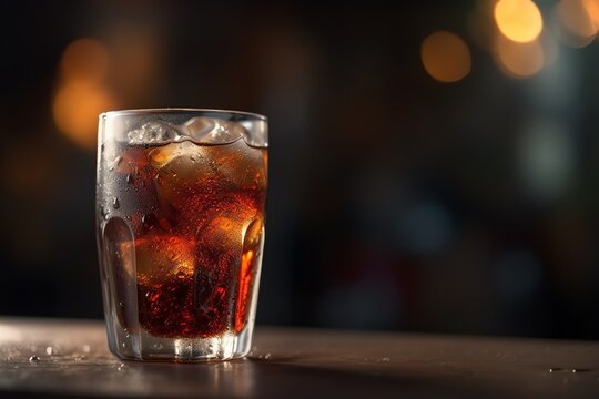 Icy cola on bokeh background. Generative AI