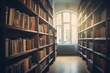 Blurred library interior with vintage bookshelves. Generative AI