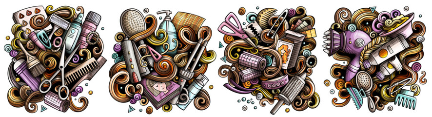 Hair Salon cartoon vector doodle designs set.