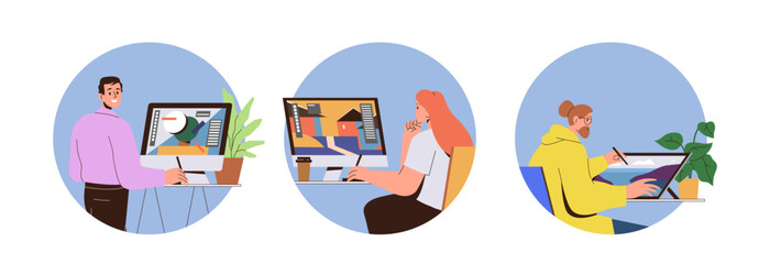 Composition of set with round frames showing creative designer worker drawing digital design