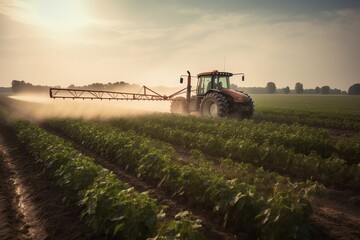 Fototapeta premium Tractor spraying pesticides on soybean field. Generative AI
