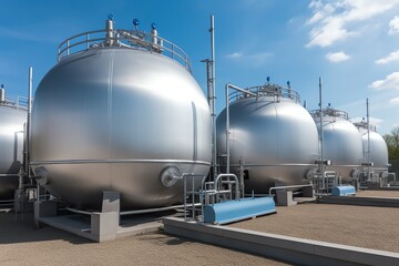 Hydrogen storage and production plant with spherical tanks and BPVC equipment. Generative AI