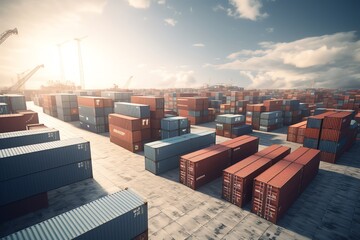 3D rendering of freight containers in harbor. Generative AI