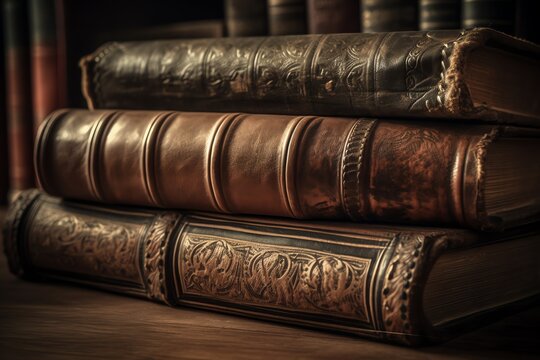 Antique leather books stack in library banner/header image. Generative AI