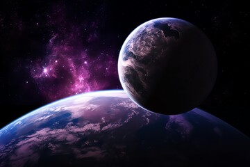 Purple space wallpaper of earth and moon. Generative AI