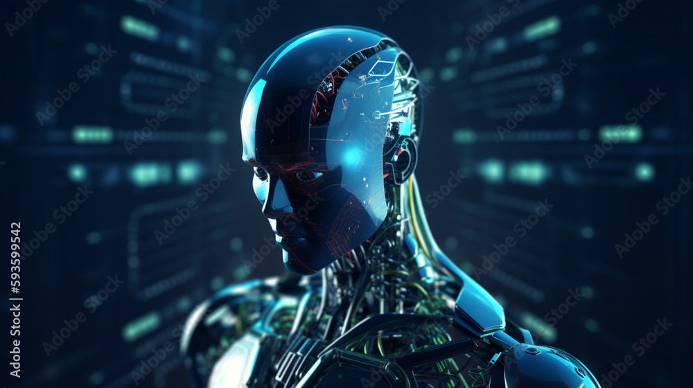 Wall mural big data advanced artificial intelligence for the future in humanoid head machine learning, generati