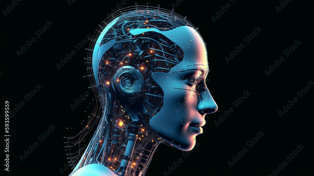 Wall mural big data advanced artificial intelligence for the future in humanoid head machine learning, generati