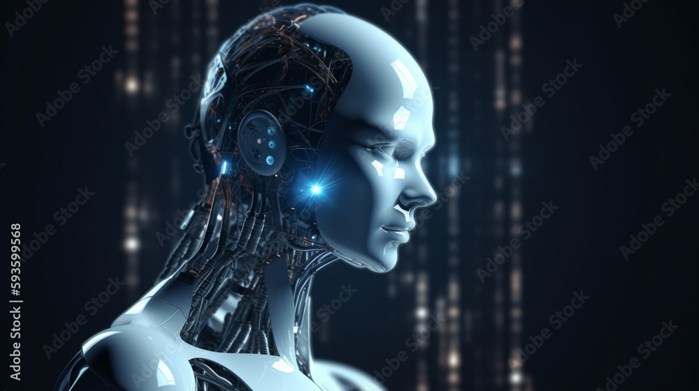 Wall mural big data advanced artificial intelligence for the future in humanoid head machine learning, generati