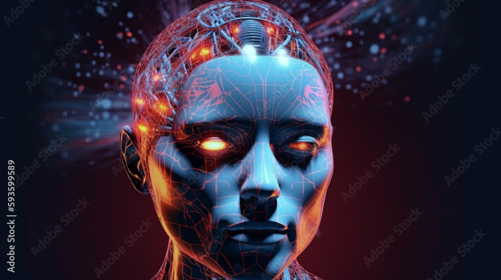 Wall mural big data advanced artificial intelligence for the future in humanoid head machine learning, generati