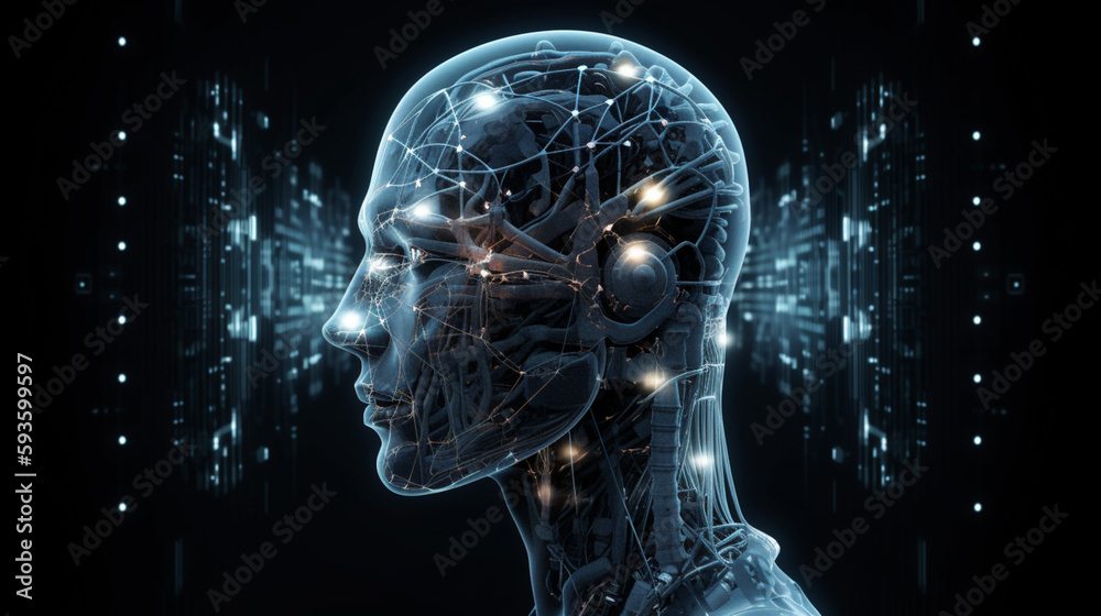 Wall mural big data advanced artificial intelligence for the future in humanoid head machine learning, generati