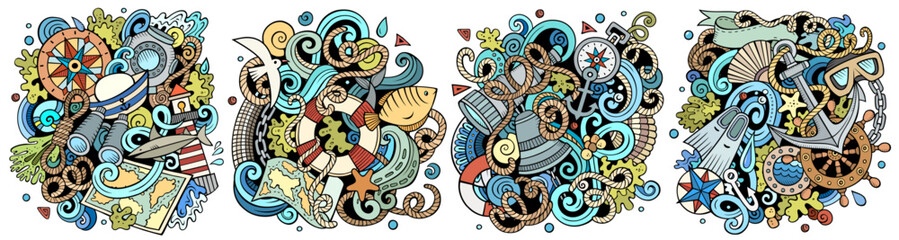 Nautical cartoon vector doodle designs set