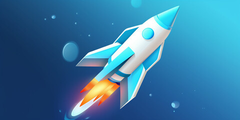 Symbolic 3D Rendering of White Rocket Model against Blue Background for Startup Concepts