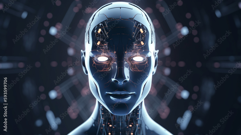 Wall mural big data advanced artificial intelligence for the future in humanoid head machine learning, generati