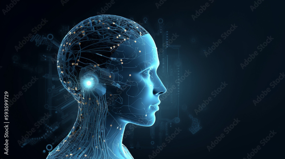 Wall mural big data advanced artificial intelligence for the future in humanoid head machine learning, generati