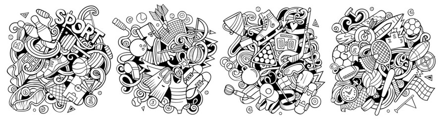 Sports cartoon vector doodle designs set.