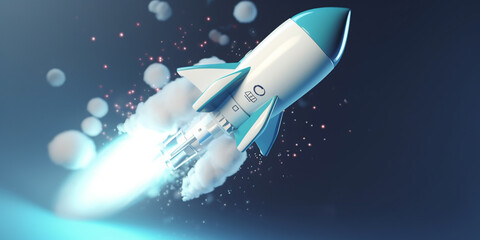 Fototapeta na wymiar Symbolic 3D Rendering of White Rocket Model against Blue Background for Startup Concepts