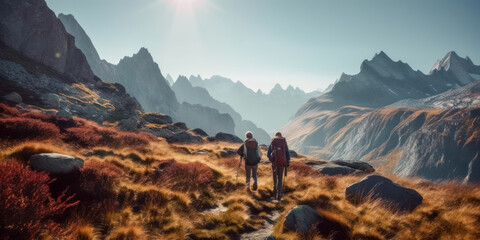 Zwei Personen wandern durch ein Hochgebirge in den Alpen - generative ai