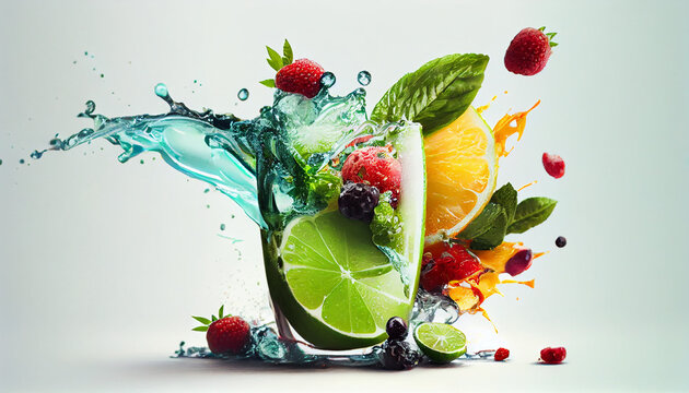 Fresh mojito drink with ice and fruit splash.  Ai generated image