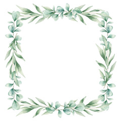 Watercolor illustration card with eucalyptus branches, square frame. Isolated on white background. Hand drawn clipart. Perfect for card, postcard, tags, invitation, printing, wrapping. © Karina Martirosova