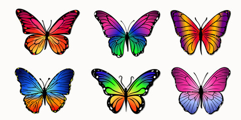 Set of butterflies of different colors and shapes isolated on white background. Beautiful flying insects. 
