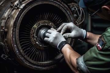 Obraz na płótnie Canvas aircraft maintenance technician working on turbine illustration generative ai