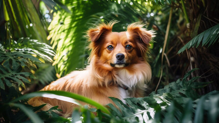 portrait of cute red dog among tropical green plants generative AI